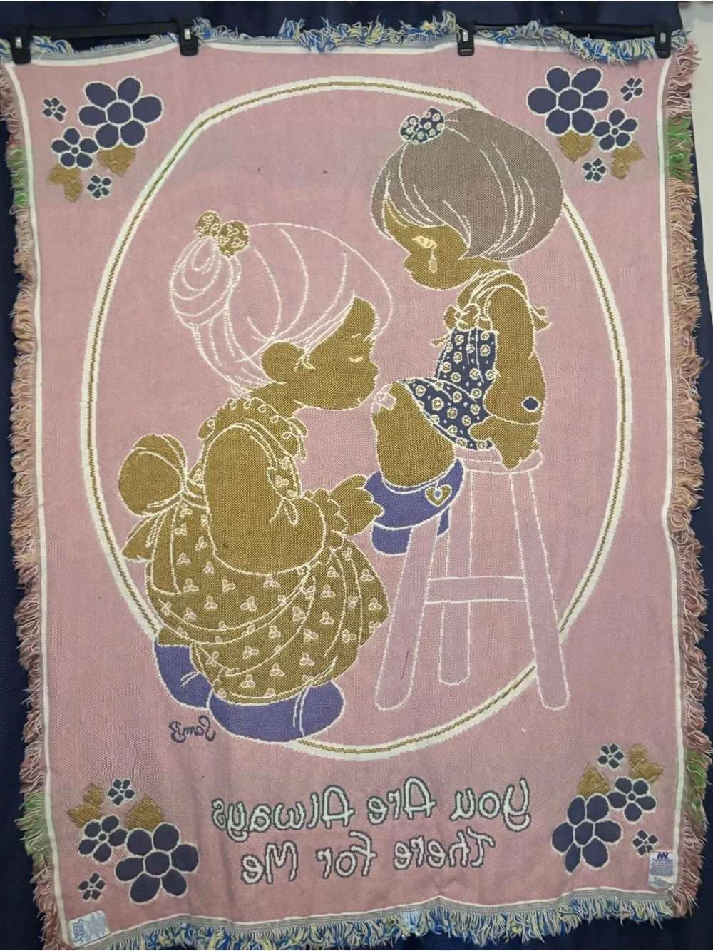 VTG 1999 Precious Moments Woven Tapestry Throw Blanket Northwest USA Mom Child